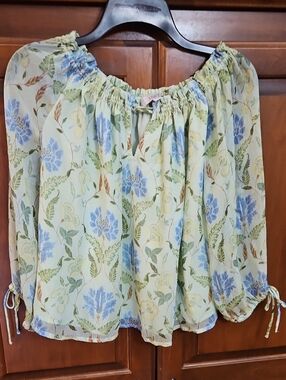 LOFT Sheer Floral Off-Shoulder Blouse in Light Green and Blue